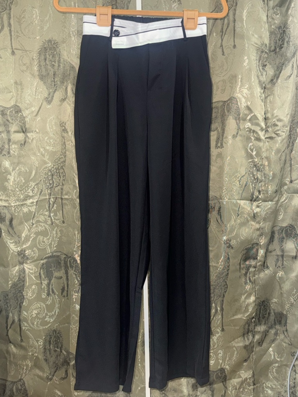 Women's Black High-Waist Trousers with White Waistband Detail